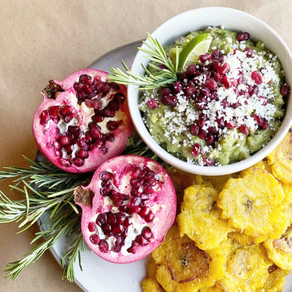Pomegranate Guacamole with Tostones