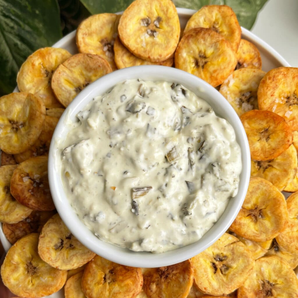 Spinach Artichoke Parmesan with Crispy Plantains