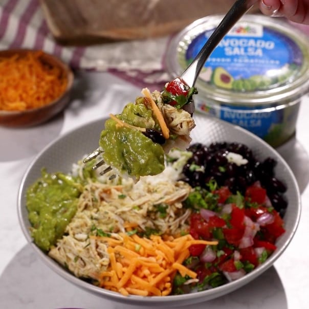 Slow Cooker Avocado Salsa Chicken Burrito Bowl